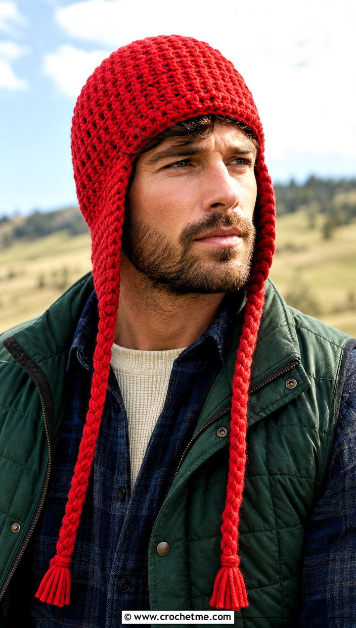 Crochet Trapper Hat With Flannel Overshirt - 15 Easy Crochet Mens Hat outfit ideas