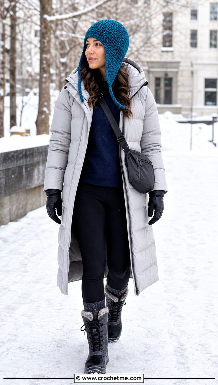 Crochet Trapper Hat With Long Puffer Coat - 35 crocheted hats outfit ideas
