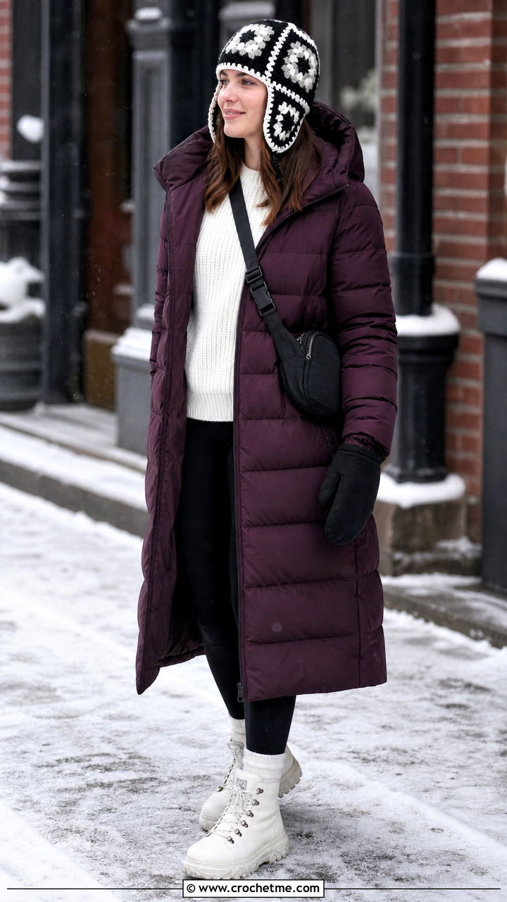 Crochet Trapper Hat With Long Puffer Coat - 35 black and white crochet hat outfit ideas