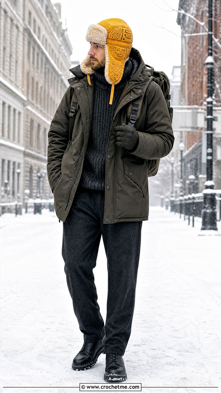 Crochet Trapper Hat With Parka - 35 men's crochet hat outfit ideas