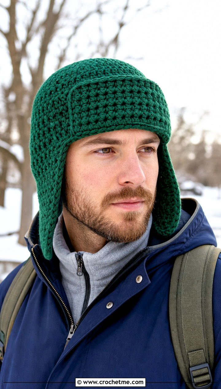 Crochet Trapper Hat With Parka And Cargo Trousers - 30 men's crochet hats outfit ideas