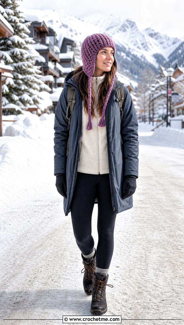 Crochet Trapper Hat With Parka And Leggings - 35 fun crochet hats outfit ideas