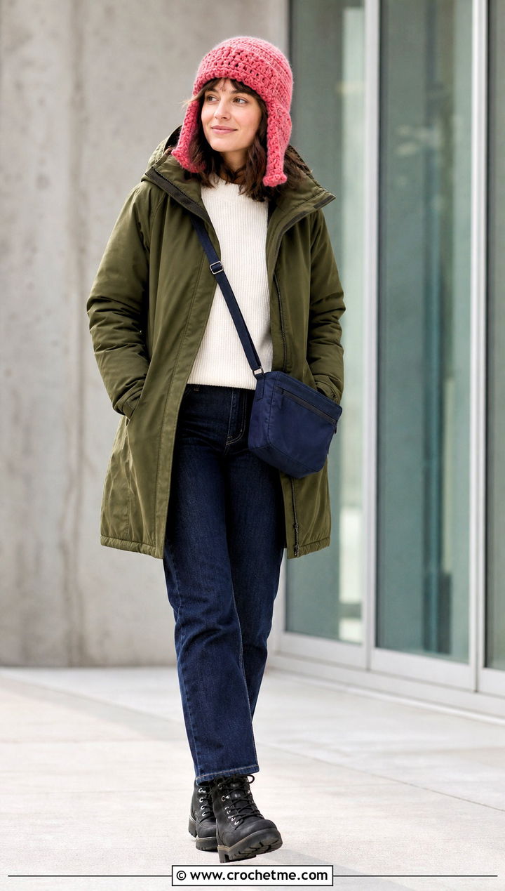 Crochet Trapper Hat With Parka And Straight Jeans - 35 quick crochet hat outfit ideas