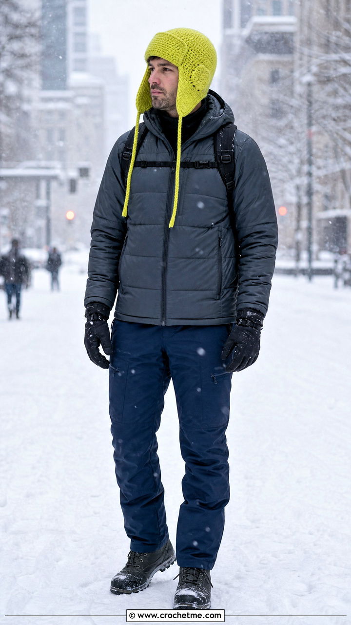 Crochet Trapper Hat With Puffer Jacket And Snow Boots - 35 crochet hat for men outfit ideas
