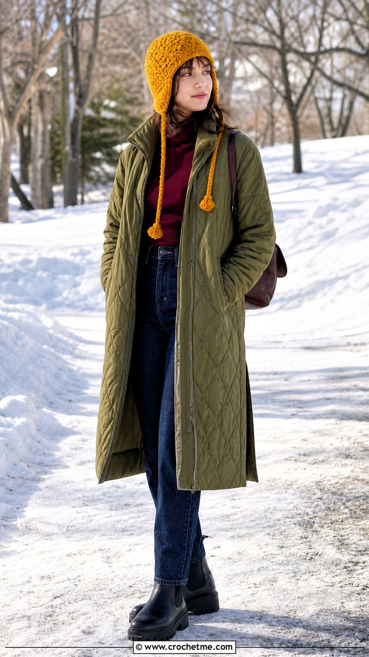 Crochet Trapper Hat With Quilted Coat - 35 crochet hat ideas