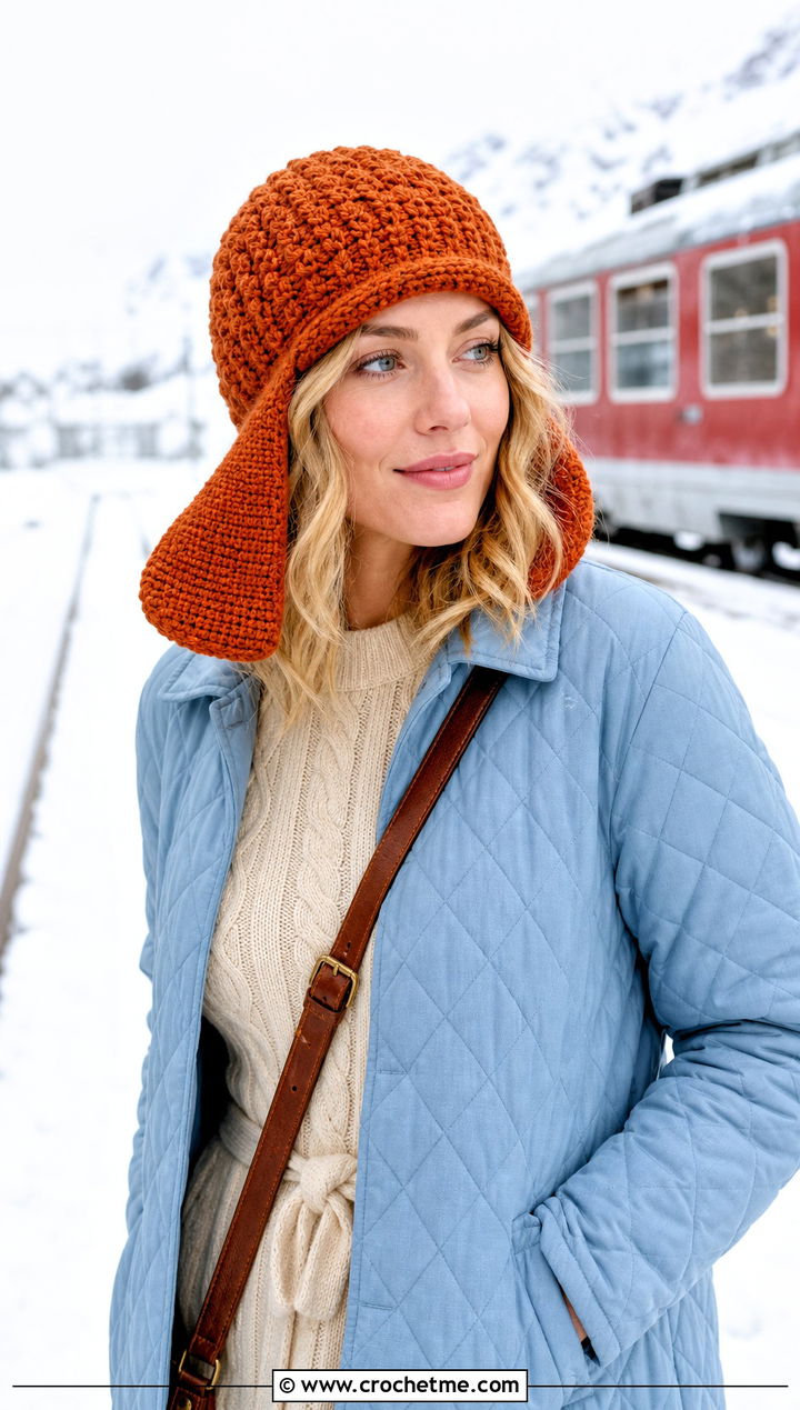 Crochet Trapper Hat With Quilted Coat And Knit Dress - 30 Quick And Easy Crochet Hat outfit ideas