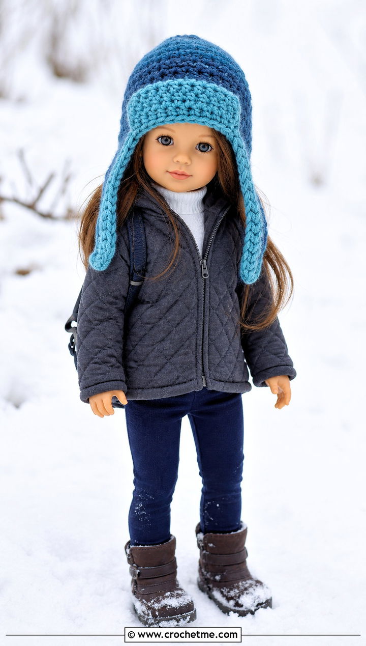 Crochet Trapper Hat With Quilted Coat And Snow Boots - 35 crochet hat for doll outfit ideas