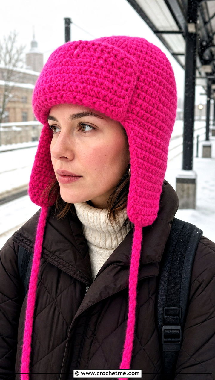 Crochet Trapper Hat With Quilted Coat - 30 Crochet Womens Hat outfit ideas