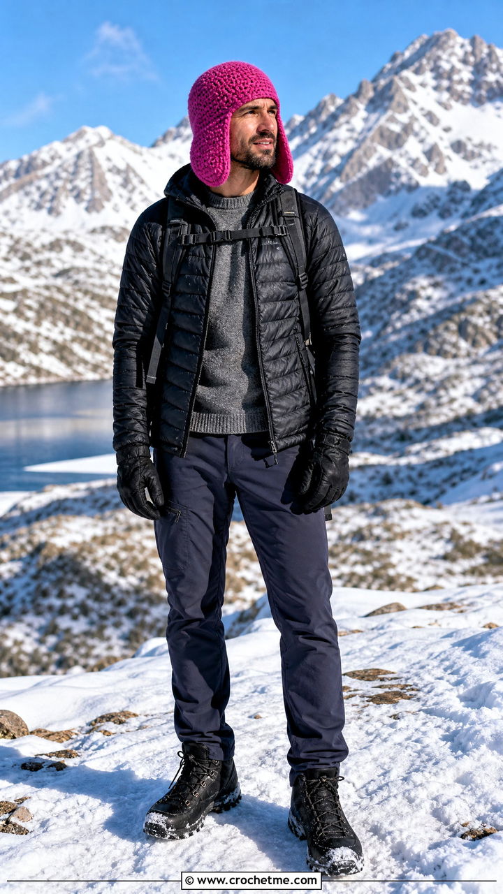 Crochet Trapper Hat With Quilted Jacket And Hiking Pants - 35 crochet hat men outfit ideas