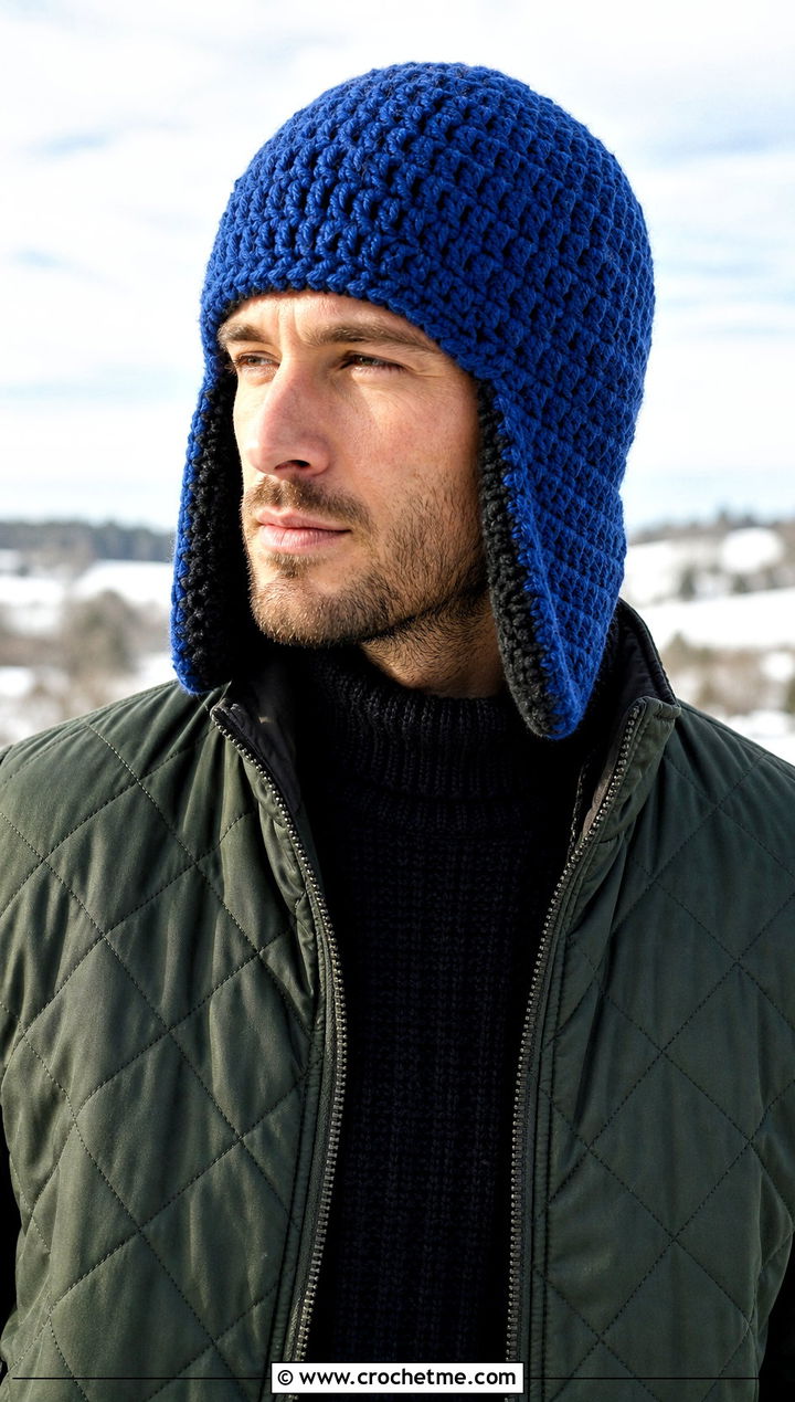 Crochet Trapper Hat With Quilted Jacket - 25 Crochet Mens Winter Hat outfit ideas