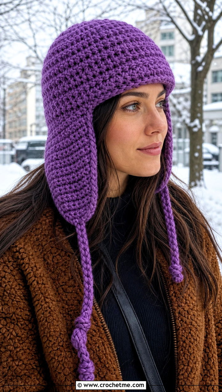 Crochet Trapper Hat With Shearling Jacket - 25 Cute Crochet Hats outfit ideas