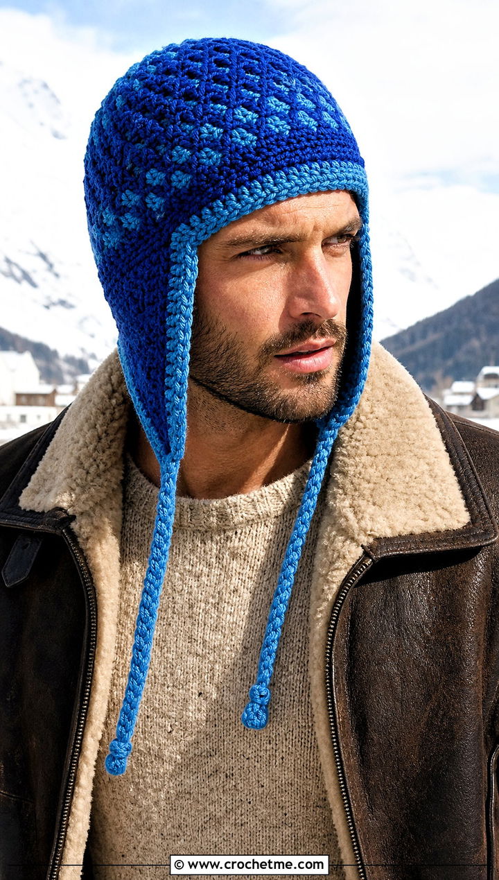 Crochet Trapper Hat With Shearling Jacket - 25 mens winter crochet hats outfit ideas
