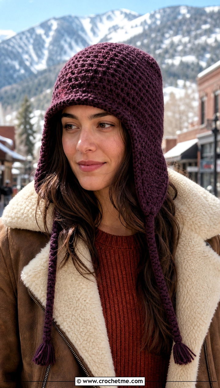 Crochet Trapper Hat With Shearling Jacket - 30 hats to crochet outfit ideas