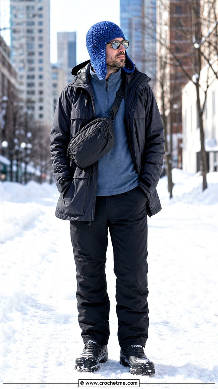 Crochet Trapper Hat With Technical Parka - 35 crochet hats for men outfit ideas