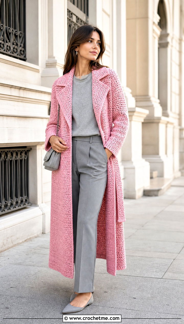 Crochet Trench Coat With A Monochrome Outfit - 15 beginner crochet coat outfit ideas
