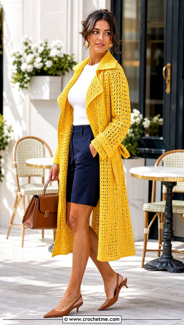 Crochet Trench Coat With Bermuda Shorts - 35 crochet long coat outfit ideas
