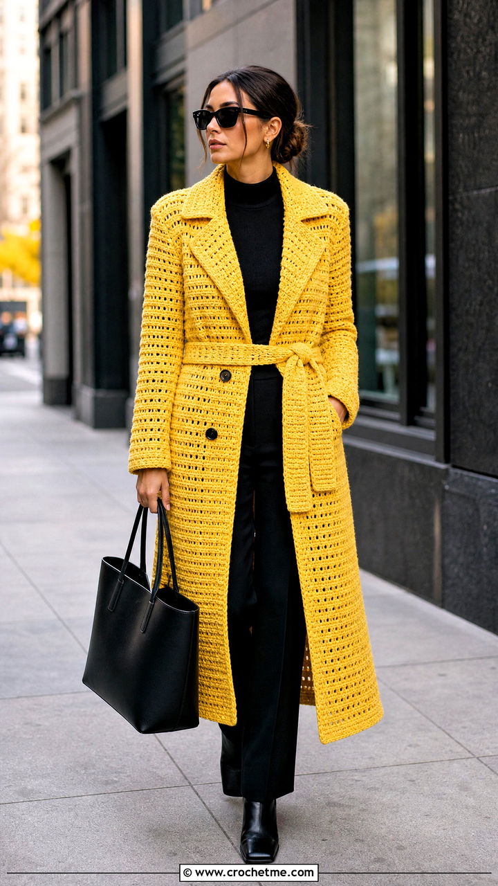 Crochet Trench Coat With Black Column Outfit - 35 crochet coats outfit ideas