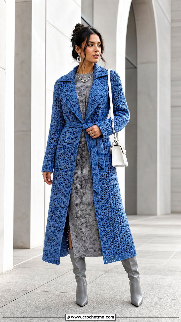 Crochet Trench Coat With Monochrome Knit Set - 35 crochet coats & jackets outfit ideas