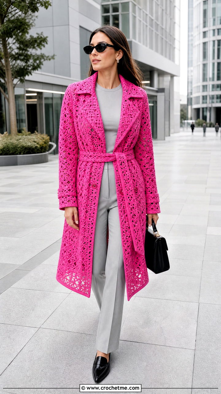 Crochet Trench Coat With Monochrome Separates - 35 crochet outfit ideas
