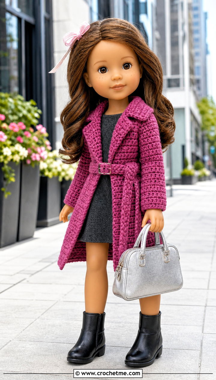 Crochet Trench Coat With Shift Dress And Boots - 15 Crochet Wellie Wishers Doll Clothes and outfit ideas