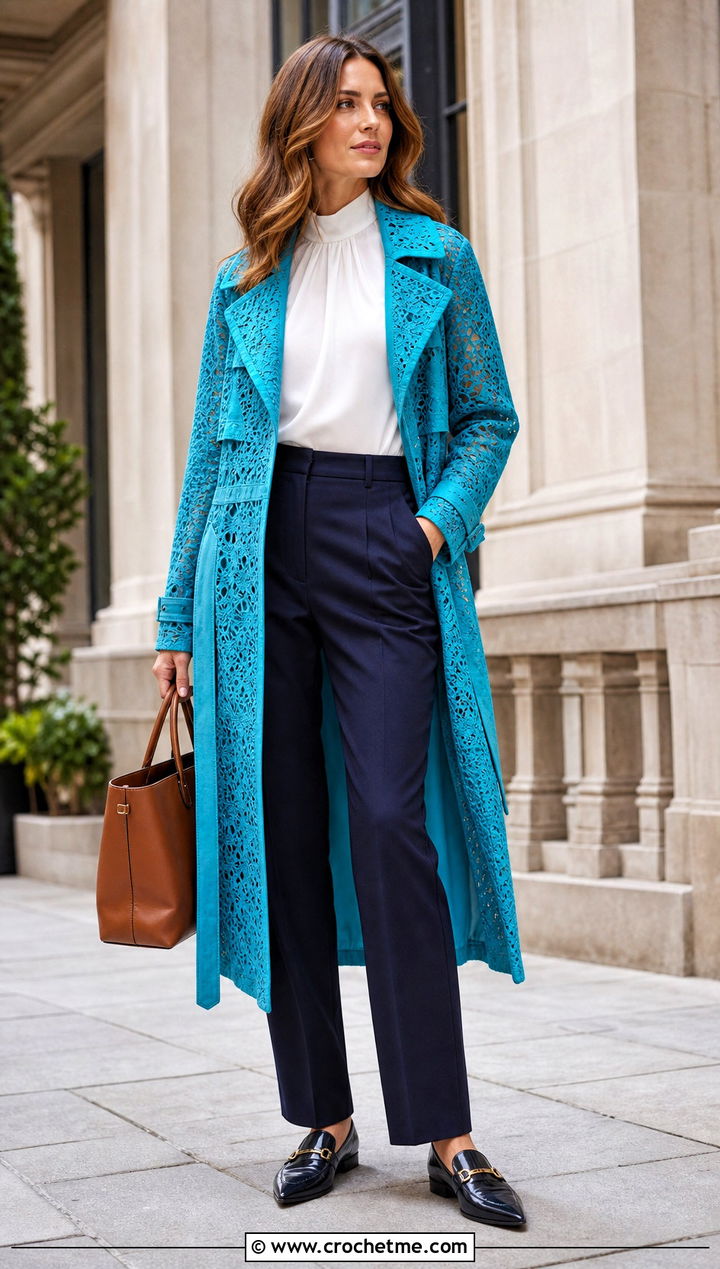 Crochet Trench Coat With Tailored Separates - 35 Modest Crochet Outfit Ideas