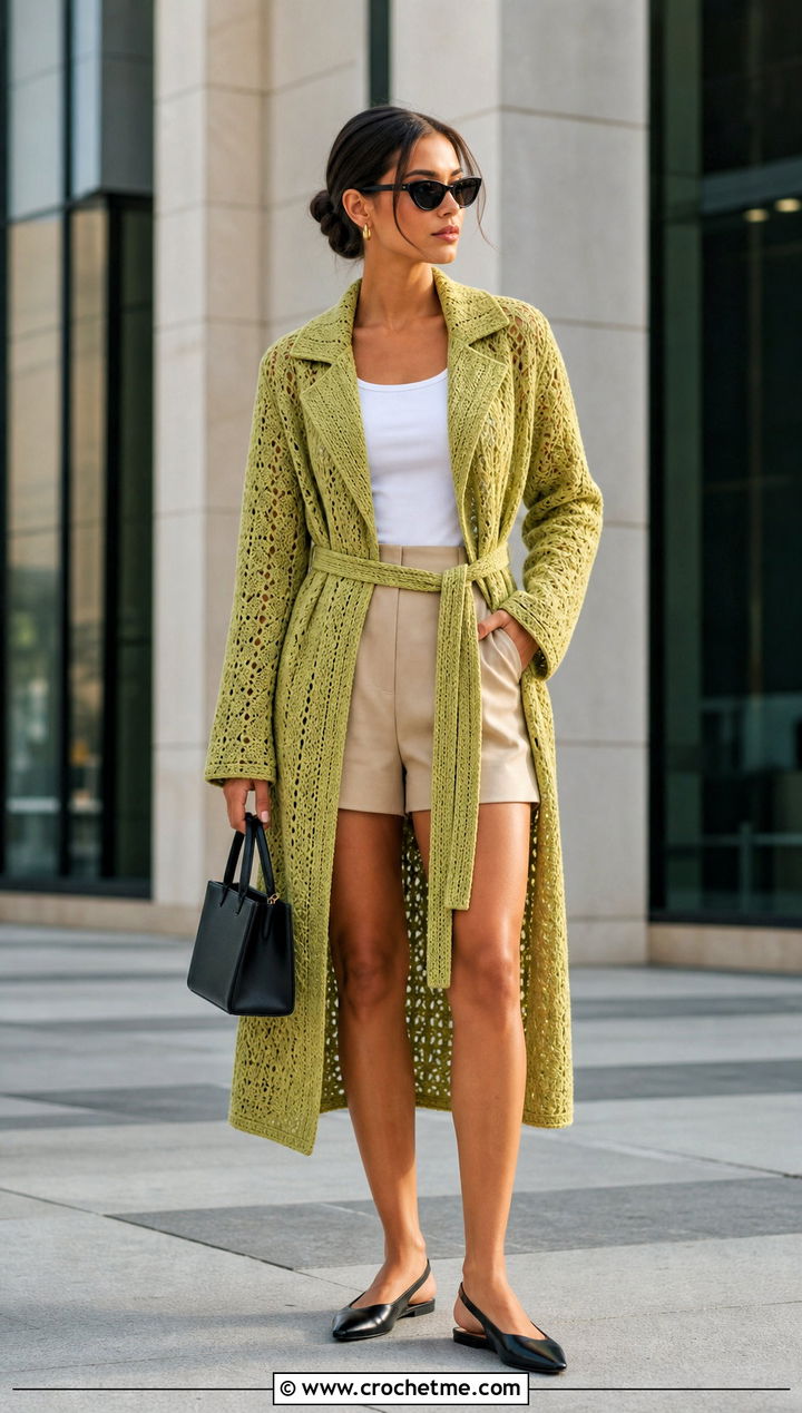 Crochet Trench Coat With Tailored Shorts - 25 crochet coat ideas