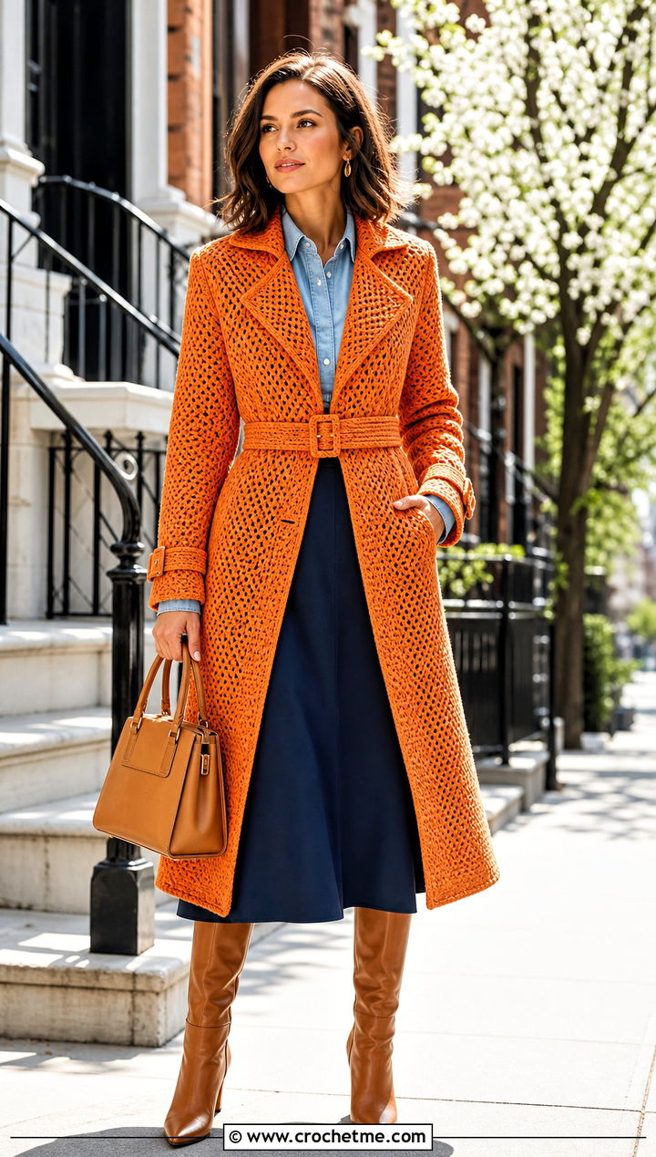 Crochet Trench Coat With a Denim Shirt and Midi Skirt - 15 stylish crochet coat design outfit ideas