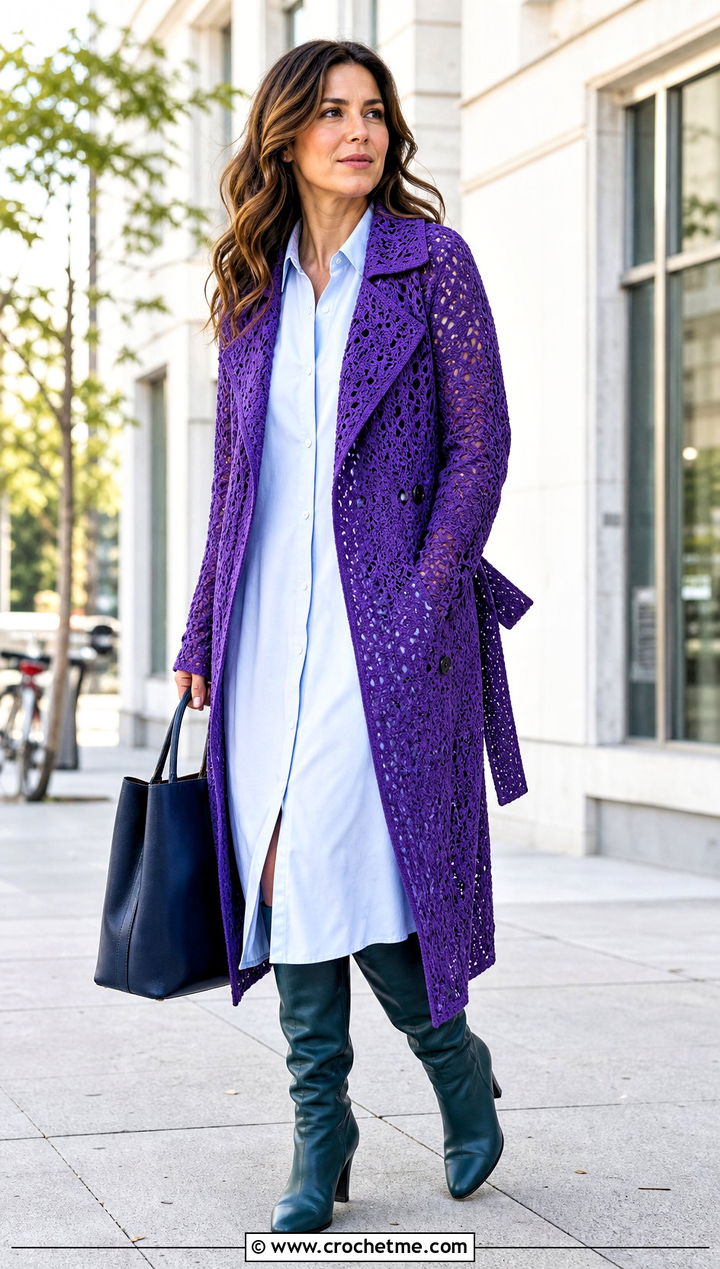 Crochet Trench Jacket With a Shirt Dress - 35 crochet long jacket outfit ideas