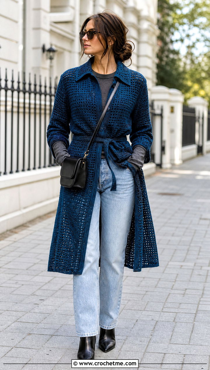Crochet Trench Shirt Dress With Ankle Boots - 35 crochet shirt dress outfit ideas