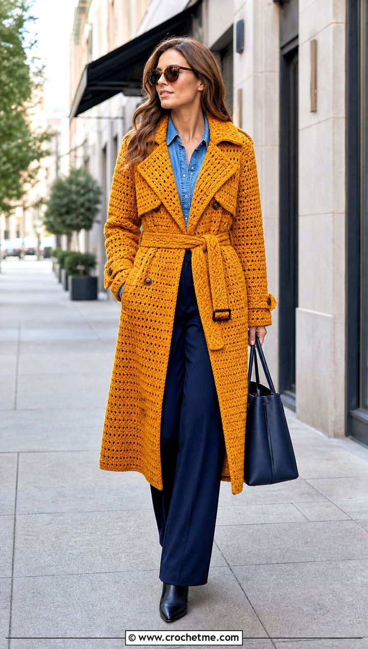 Crochet Trench Winter Coat With Denim Shirt And Trousers - 20 Crochet Winter Coat outfit ideas