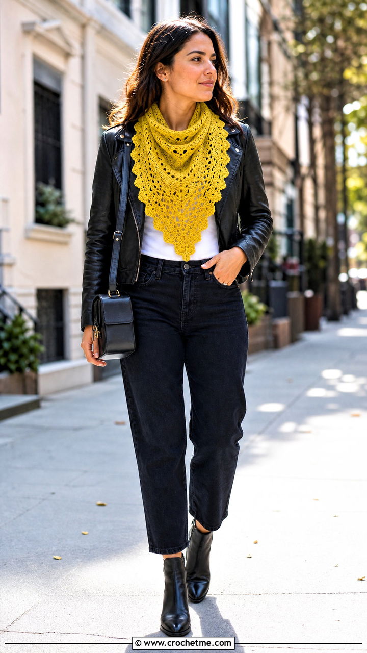 Crochet Triangle Scarf With Leather Jacket - 35 crochet designs clothing and outfit ideas