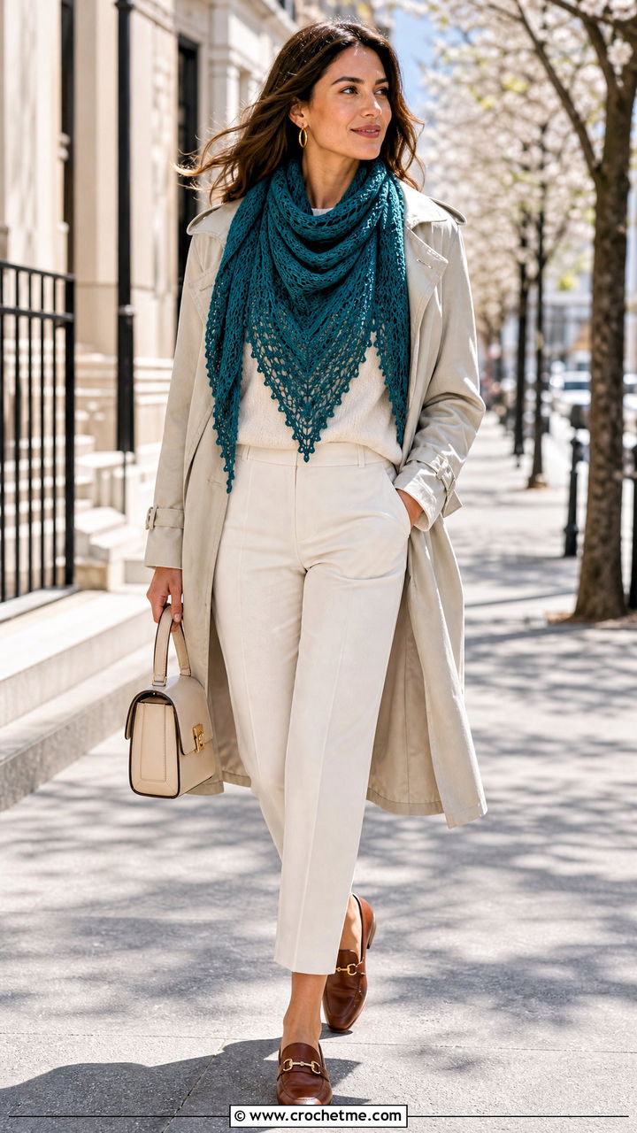 Crochet Triangle Scarf With Trench Coat - 35 easy crochet scarves outfit ideas