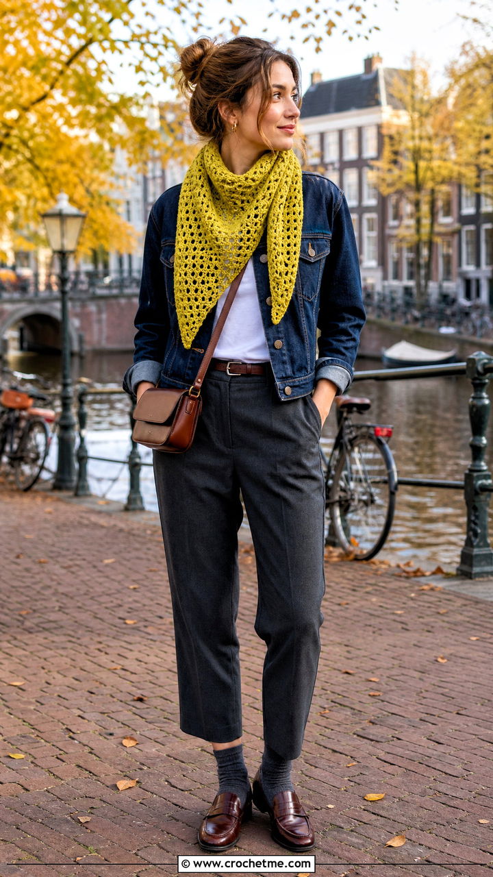 Crochet Triangle Scarf With a Denim Jacket - 35 fall crochet clothes and outfit ideas
