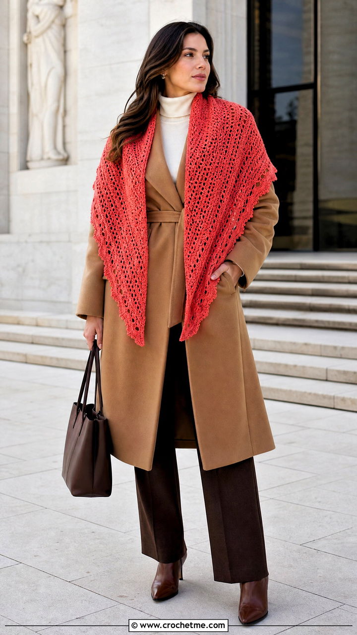 Crochet Triangle Shawl With Belted Coat - 35 crochet winter clothes and outfit ideas