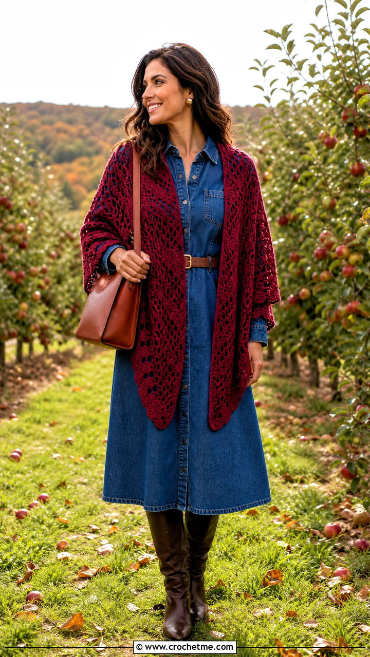 Crochet Triangle Shawl With Denim Dress And Boots - 35 autumn crochet clothes and outfit ideas