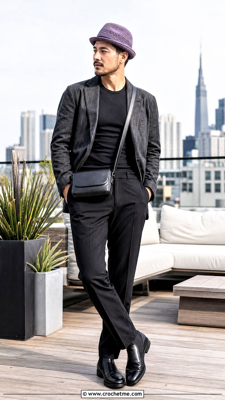Crochet Trilby Hat With Blazer And Dark T Shirt - 35 crochet hat men outfit ideas