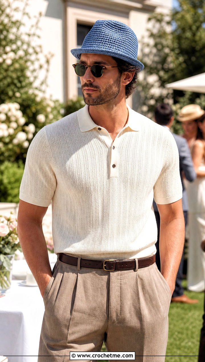 Crochet Trilby Hat With Polo And Pleated Trousers - 15 Crochet Mens Hat With Brim outfit ideas