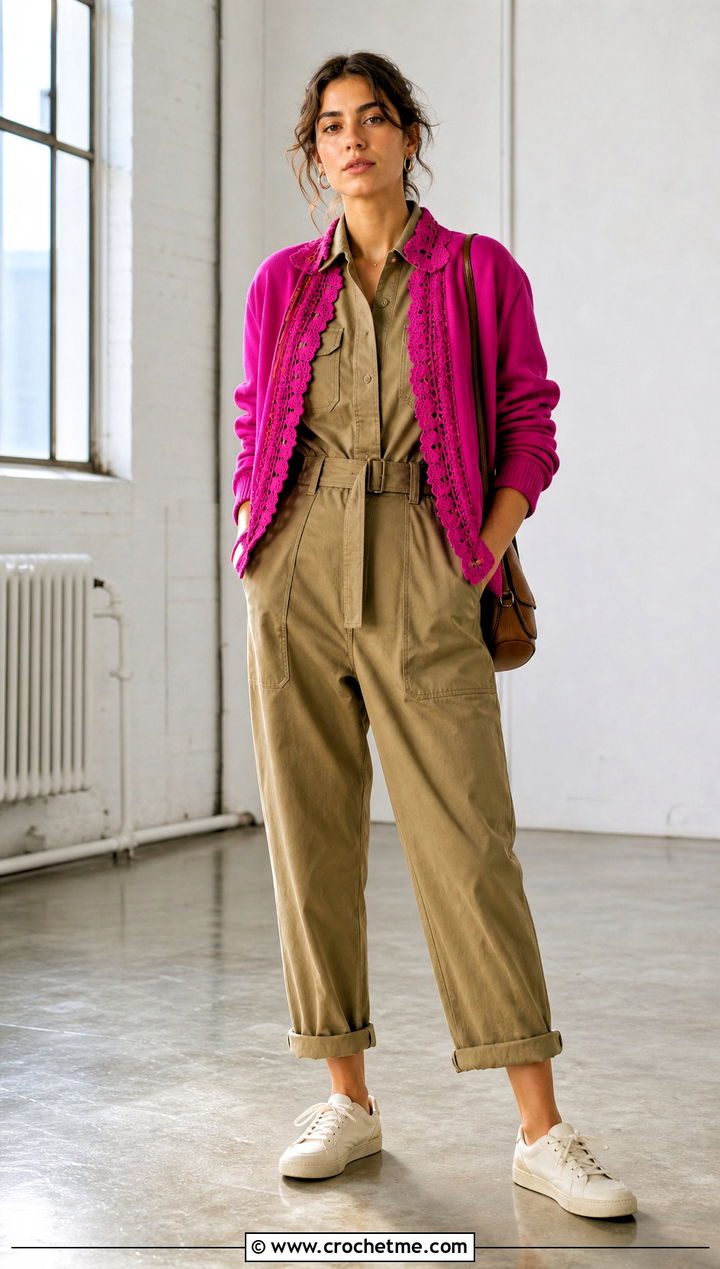 Crochet Trim Bomber Cardigan With Utility Jumpsuit - 20 Miu Miu Crochet Cardigan outfit ideas