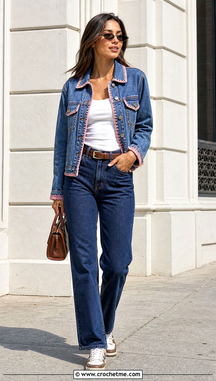 Crochet Trim Denim Trucker Jacket With Straight Leg Jeans - 30 crochet denim jacket outfit ideas