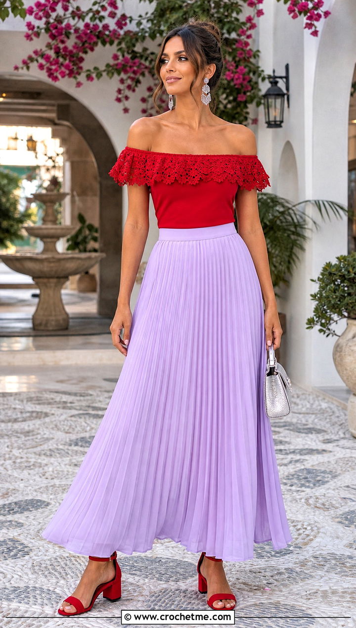Crochet Trim Off Shoulder Top With Pleated Maxi Skirt - 30 crochet trim top outfit ideas