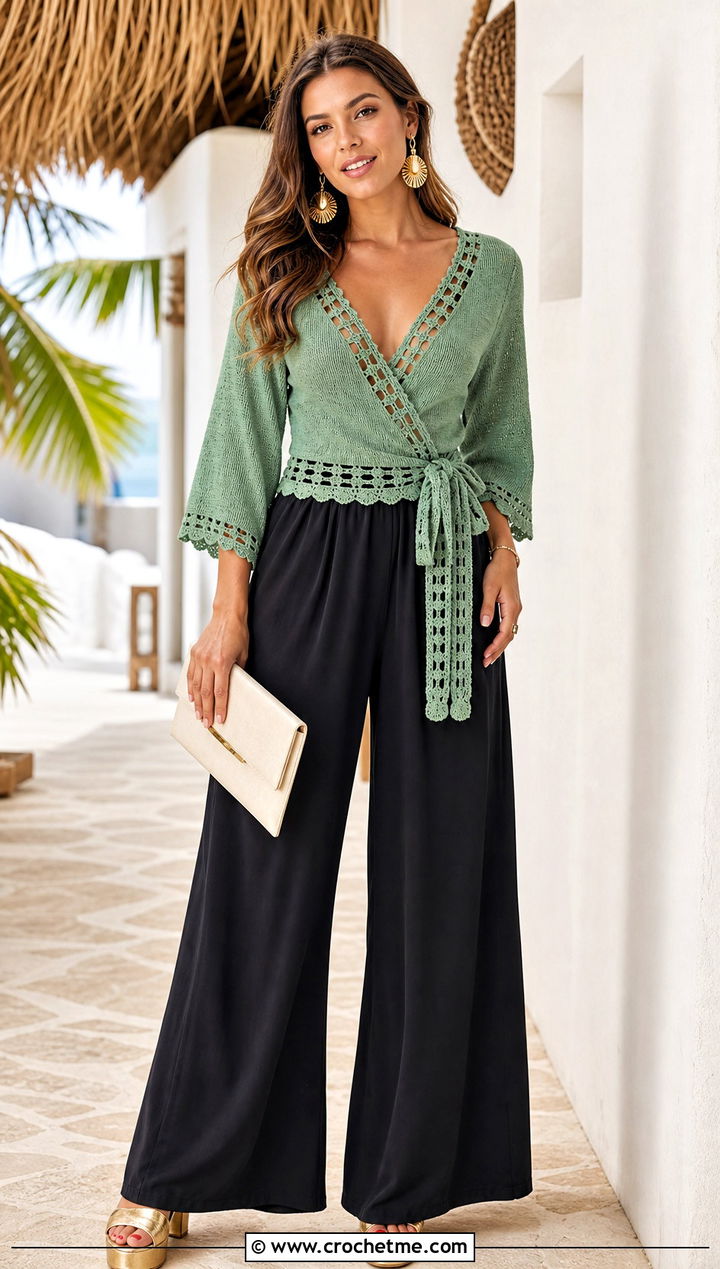 Crochet Trim Wrap Top With Palazzo Pants - 30 crochet trim top outfit ideas