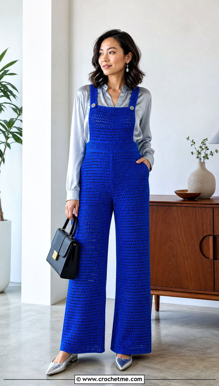 Crochet Trouser Dungarees With Satin Blouse - 30 crochet dungarees outfit ideas