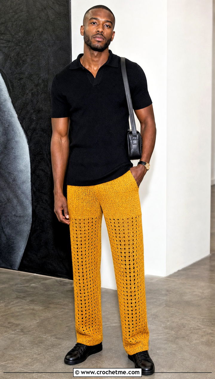Crochet Trousers With Fitted Knit Polo - 25 Crochet Guys Clothes and outfit ideas