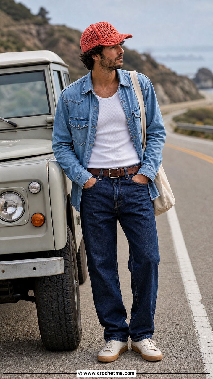 Crochet Trucker Cap With Double Denim - 35 crochet cap for men outfit ideas