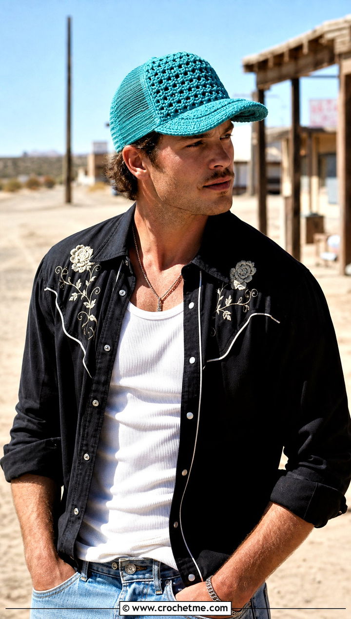 Crochet Trucker Cap With Western Shirt - 30 men crochet hat outfit ideas
