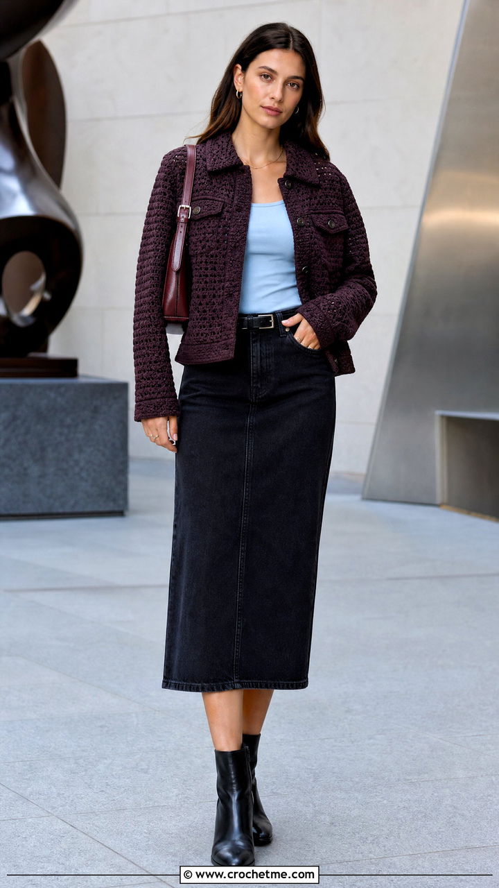 Crochet Trucker Jacket With Black Denim Skirt - 35 crochet coats & jackets outfit ideas