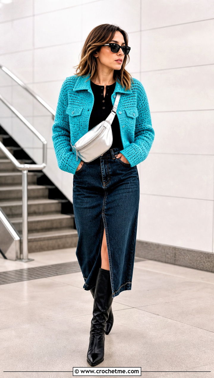 Crochet Trucker Jacket With Denim Skirt - 30 crochet winter jacket outfit ideas