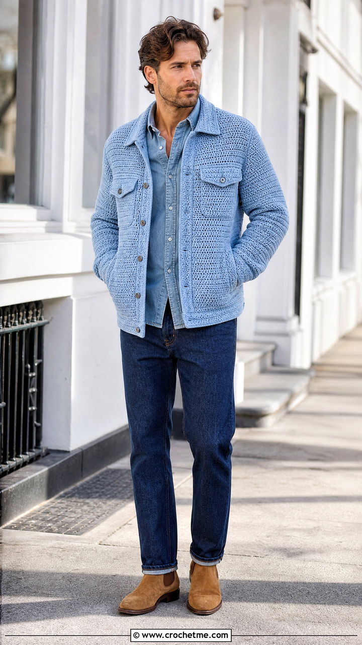 Crochet Trucker Jacket With Double Denim - 35 crochet jacket for men outfit ideas