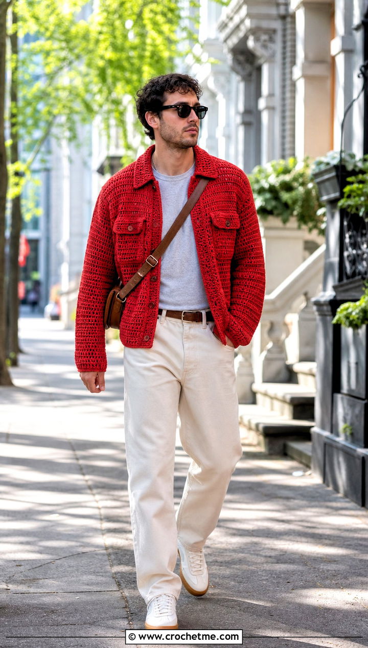 Crochet Trucker Jacket With Ecru Jeans - 35 crochet mens clothes and outfit ideas