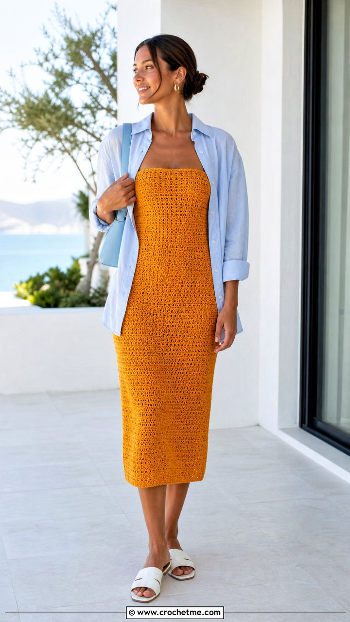 Crochet Tube Dress With Oversized Button Down Shirt - 35 crochet dresses outfit ideas